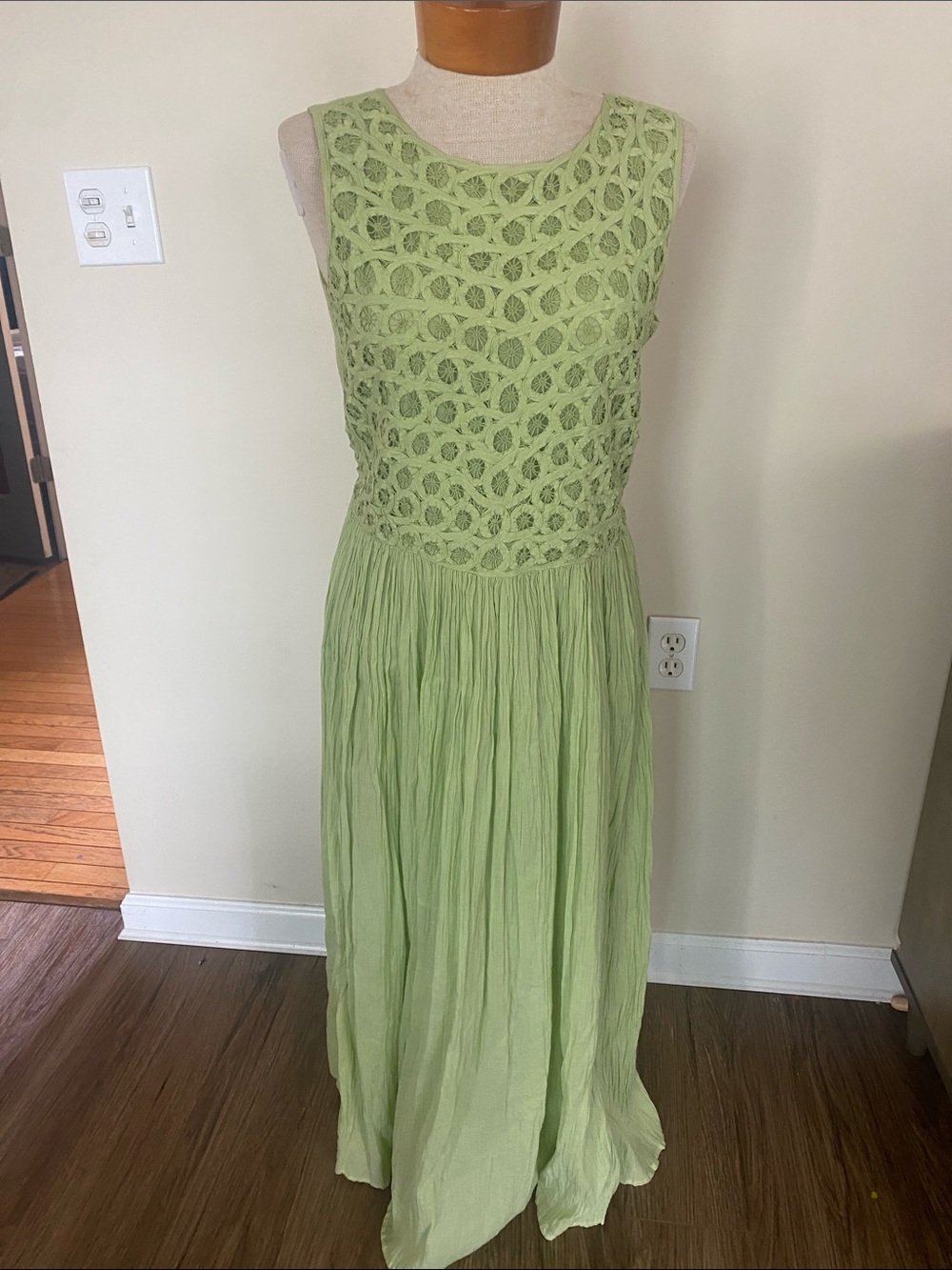 Rare Vintage 90’s Coldwater Creek crochet bodice  Lime Green Dress Size S
